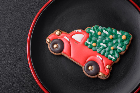 A beautiful Christmas composition consisting of ceramic plates, gingerbread and other elements of New Year's decorations on a dark concrete backgroundの写真素材