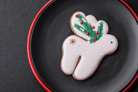 A beautiful Christmas composition consisting of ceramic plates, gingerbread and other elements of New Year's decorations on a dark concrete backgroundの写真素材