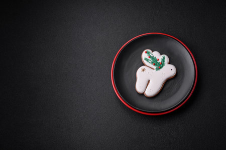 A beautiful Christmas composition consisting of ceramic plates, gingerbread and other elements of New Year's decorations on a dark concrete backgroundの写真素材