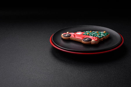 A beautiful Christmas composition consisting of ceramic plates, gingerbread and other elements of New Year's decorations on a dark concrete backgroundの写真素材