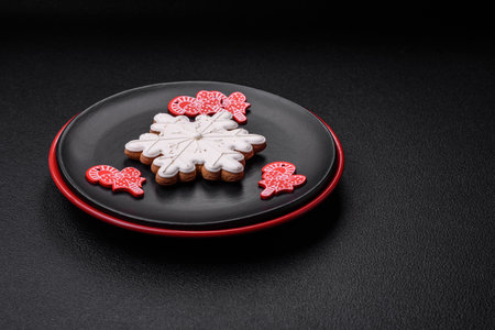 A beautiful Christmas composition consisting of ceramic plates, gingerbread and other elements of New Year's decorations on a dark concrete backgroundの写真素材