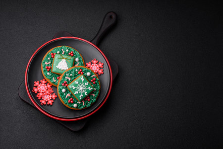 A beautiful Christmas composition consisting of ceramic plates, gingerbread and other elements of New Year's decorations on a dark concrete backgroundの写真素材