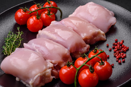 Fresh raw chicken thigh fillets with salt, spices and herbs on a dark concrete backgroundの写真素材