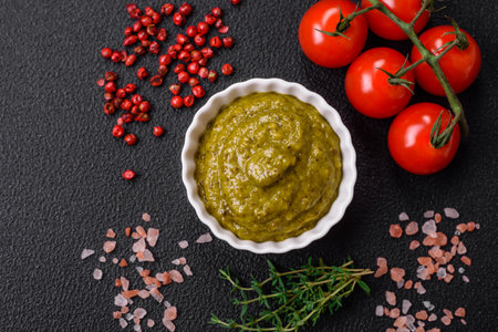 Delicious fresh pasta consisting pesto sauce with salt, spices and herbs on a dark concrete backgroundの写真素材