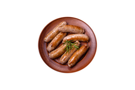 Roasted sausages grill with spices and herbs with salt and pepper on a dark concrete background. Meat dish cooked over an open fireの写真素材