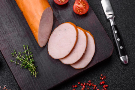 Delicious smoked chicken sausage with salt, spices and herbs on a dark concrete background