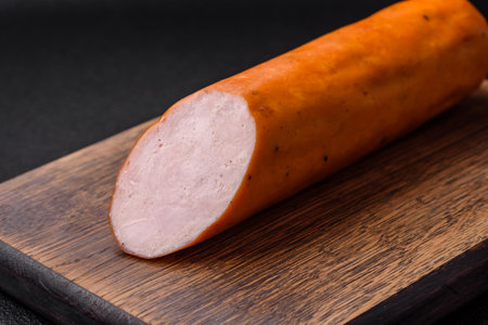 Delicious smoked chicken sausage with salt, spices and herbs on a dark concrete backgroundの写真素材