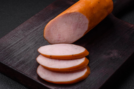 Delicious smoked chicken sausage with salt, spices and herbs on a dark concrete backgroundの写真素材