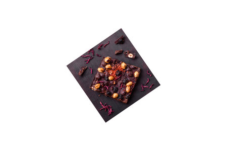 Handmade chocolate with berries, nuts and spices on a dark concrete background. sweets made at homeの写真素材