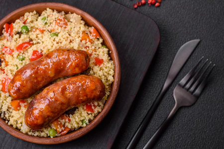 Delicious chicken or pork sausages baked on the grill with porridge and vegetables on a dark concrete backgroundの写真素材