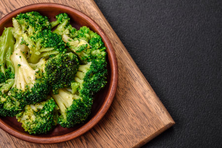 Delicious fresh green broccoli steamed in a ceramic plate on a textured concrete backgroundの写真素材