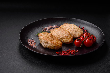 Delicious juicy cutlets or meatballs from minced chicken with salt and spices on a textured concrete backgroundの写真素材