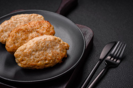 Delicious juicy cutlets or meatballs from minced chicken with salt and spices on a textured concrete backgroundの写真素材