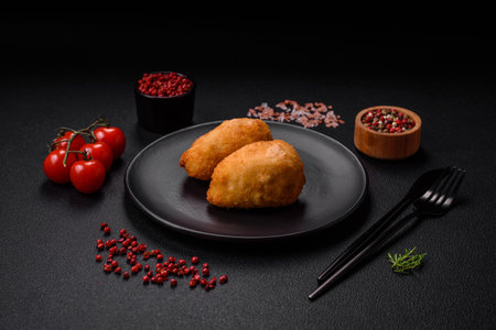 Delicious juicy cutlets or meatballs from minced chicken with salt and spices on a textured concrete...