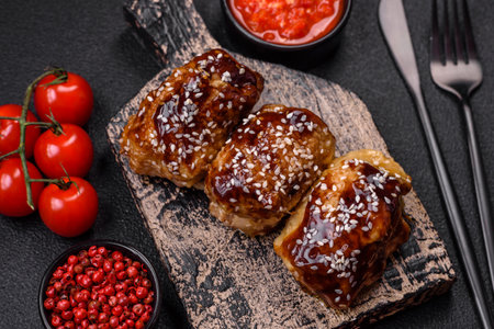Delicious juicy fried chicken with sweet and sour teriyaki sauce and sesame seeds on a dark concrete...