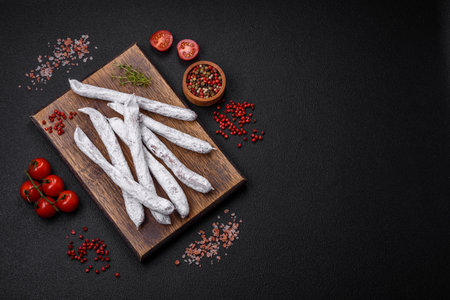 Delicious Spanish smoked sausage fuet with salt and spices on a dark concrete backgroundの写真素材