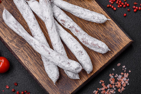 Delicious Spanish smoked sausage fuet with salt and spices on a dark concrete backgroundの写真素材