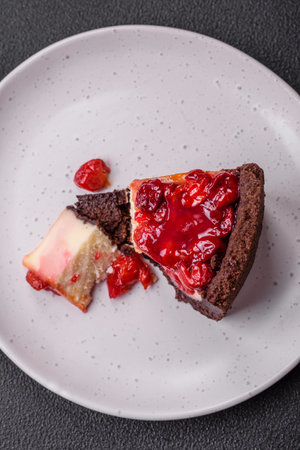 Delicious sweet cheesecake cake with mascarpone cheese, cherry berries and jam on a dark concrete backgroundの写真素材