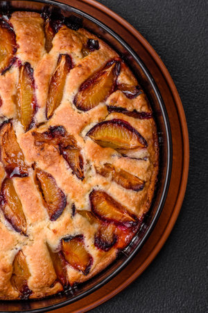 Delicious sweet aromatic homemade pie with ripe plums on a dark concrete backgroundの写真素材