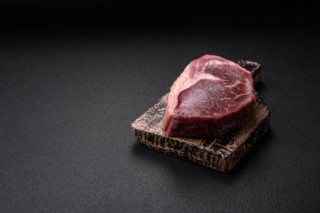 Fresh raw beef striploin steak with salt, spices and herbs on a dark concrete backgroundの写真素材
