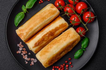 Delicious fresh homemade fried pancakes with broccoli and meat or fish with salt and spices on a dark concrete backgroundの写真素材