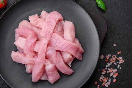 Raw turkey meat in the form of slices with salt, spices and herbs on a dark concrete backgroundの写真素材