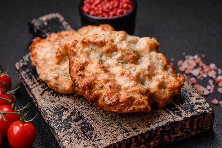 Delicious fried chicken chop or pork meat fried breaded with salt, spices and herbs on a dark...