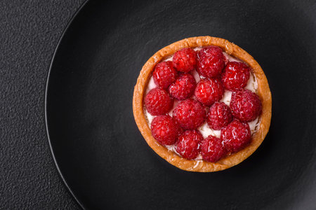 Delicious fresh sweet round tart with ripe raspberries and cream on a dark concrete background