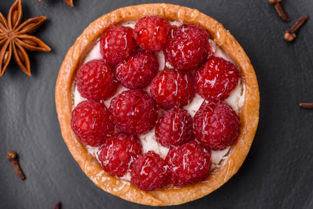 Delicious fresh sweet round tart with ripe raspberries and cream on a dark concrete background