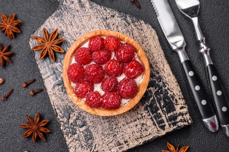 Delicious fresh sweet round tart with ripe raspberries and cream on a dark concrete background