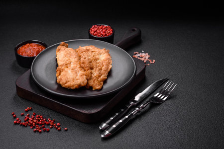 Delicious fried chicken chop or pork meat fried breaded with salt, spices and herbs on a dark concrete backgroundの写真素材
