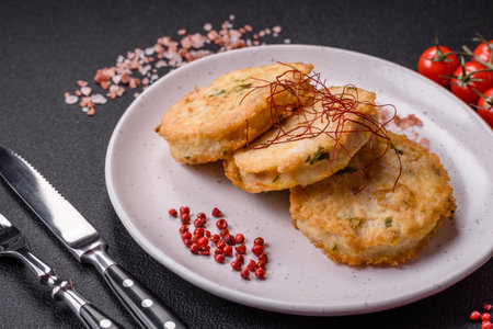 Delicious fried minced fish cutlets or meatballs with salt, spices and herbs on a dark concrete backgroundの写真素材