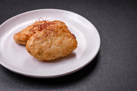 Delicious fried cutlets or meatballs with salt, spices and herbs on a dark concrete backgroundの写真素材