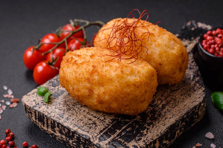 Delicious baked potato cutlet stuffed with chicken and vegetables, spices and salt on a dark concrete backgroundの写真素材