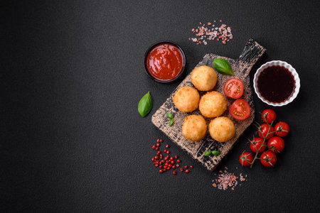Delicious round balls of mozzarella and parmesan cheese with salt and breaded spices on a dark concrete background. Fast food, unhealthy foodの写真素材