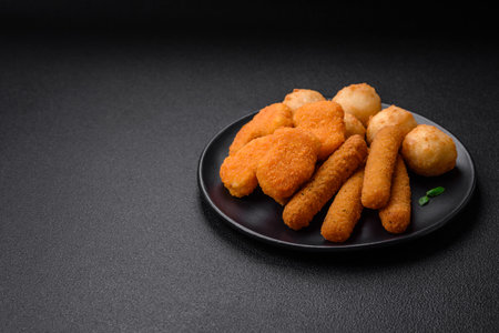 Delicious nuggets, sticks and balls of mozzarella and parmesan cheese with salt and spices. Fast food, unhealthy foodの写真素材