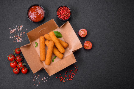 Delicious crispy cheese sticks with mozzarella, salt and spices, breaded and fried in oil. Fast food, takeawayの写真素材