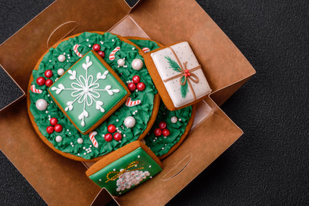 Beautiful festive Christmas gingerbread made by hand with decoration elements on a dark concrete...