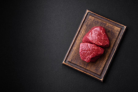 Fresh juicy raw beef medallions with salt and spices on a dark concrete backgroundの写真素材