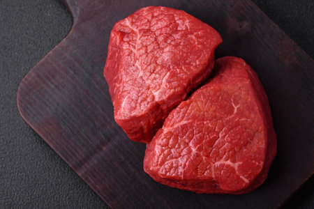 Fresh juicy raw beef medallions with salt and spices on a dark concrete backgroundの写真素材