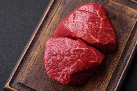 Fresh juicy raw beef medallions with salt and spices on a dark concrete backgroundの写真素材