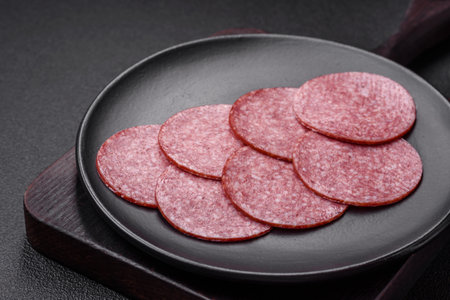 Delicious fresh smoked sausage with salt and spices cut into slices on a dark concrete background