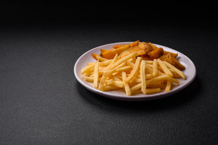 Fresh delicious crispy French fries with salt and spices on a dark concrete backgroundの写真素材