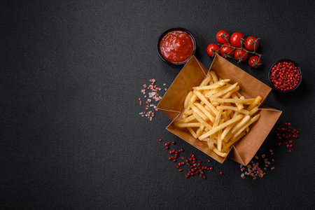 Fresh delicious crispy French fries with salt and spices on a dark concrete backgroundの写真素材