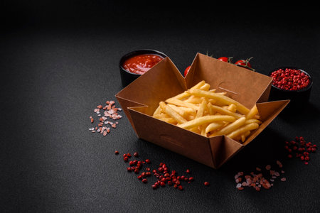 Fresh delicious crispy French fries with salt and spices on a dark concrete backgroundの写真素材