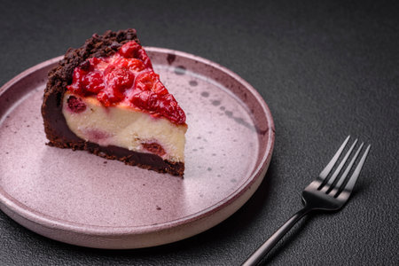 Beautiful tasty sweet slice of cheesecake with cherry on a ceramic plate on a dark concrete backgroundの写真素材