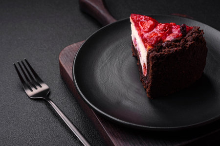 Beautiful tasty sweet slice of cheesecake with cherry on a ceramic plate on a dark concrete...