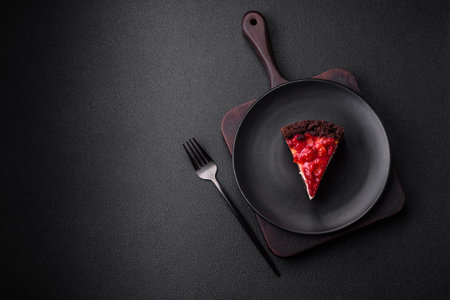 Beautiful tasty sweet slice of cheesecake with cherry on a ceramic plate on a dark concrete backgroundの写真素材