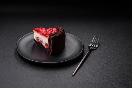 Beautiful tasty sweet slice of cheesecake with cherry on a ceramic plate on a dark concrete backgroundの写真素材