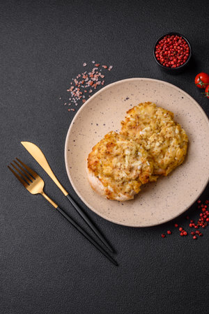 Delicious meat fried with Dijon mustard with salt, spices and herbs on a dark concrete backgroundの写真素材